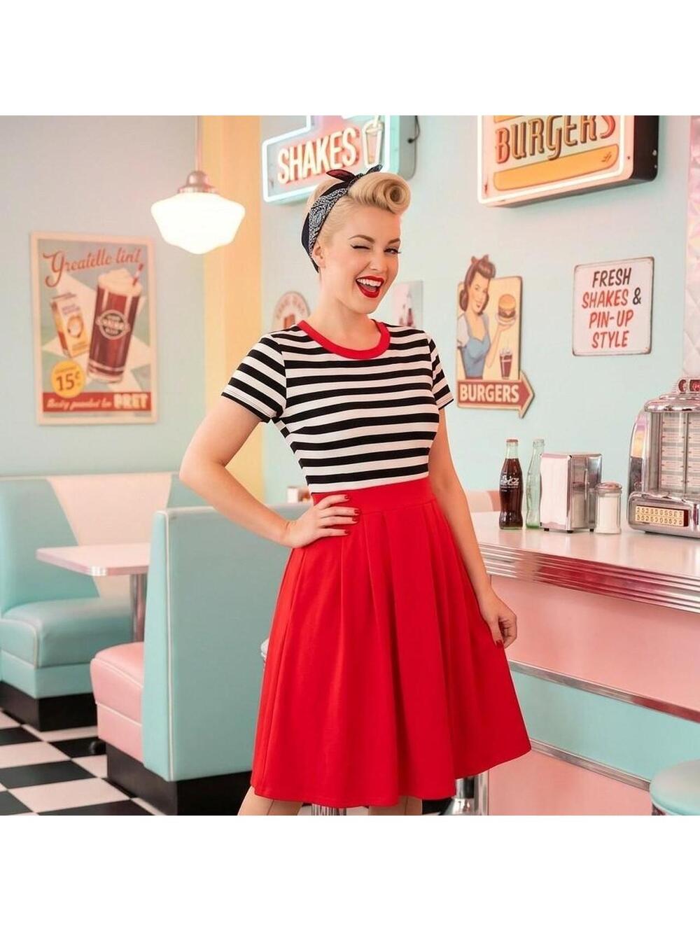 BI.TENCON black and white striped top with red collar and red skirt, size M